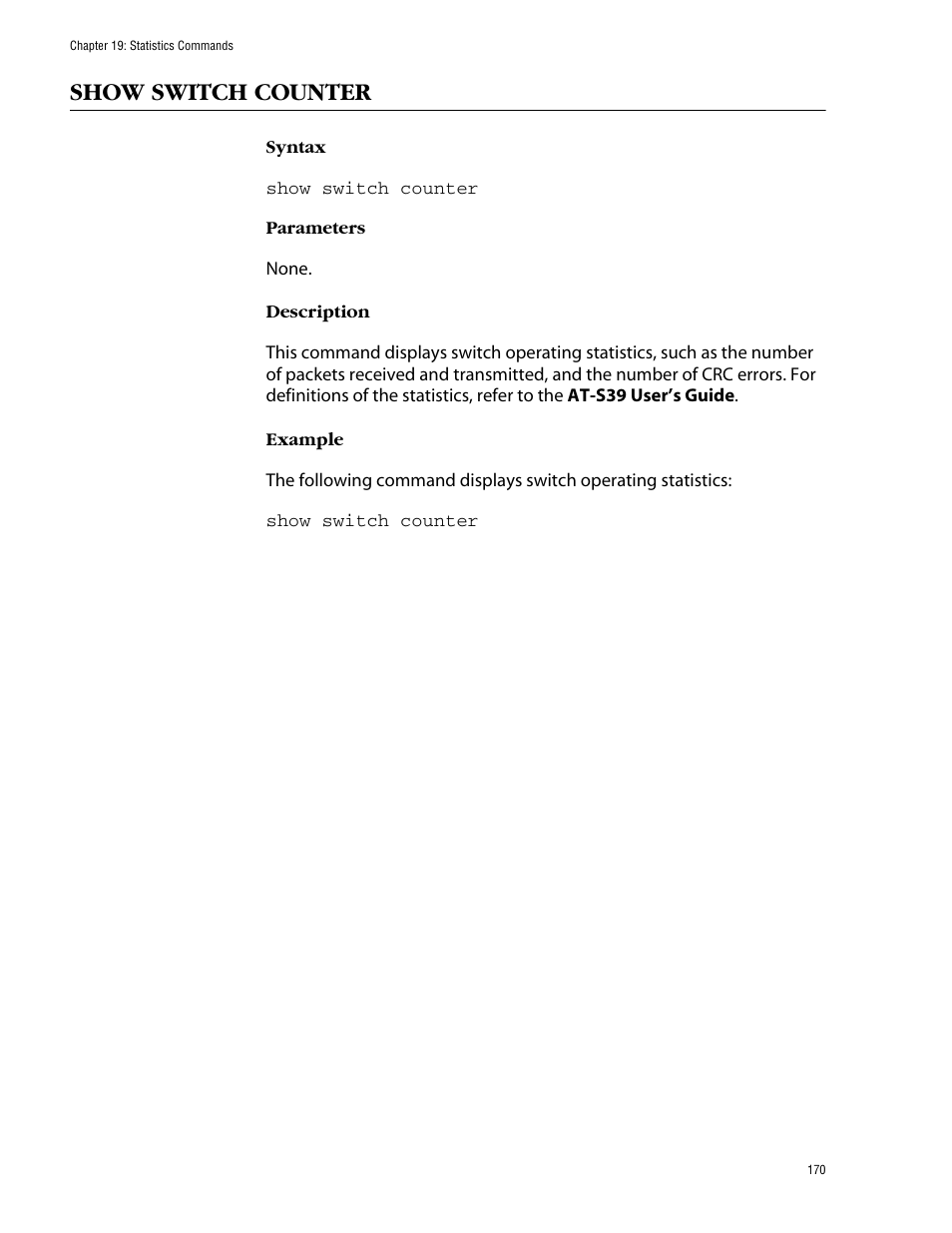 Show switch counter | Allied Telesis AT-S39 User Manual | Page 170 / 203