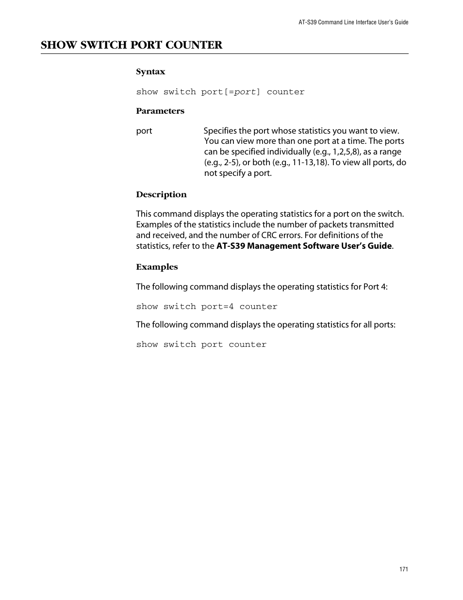 Show switch port counter | Allied Telesis AT-S39 User Manual | Page 171 / 203