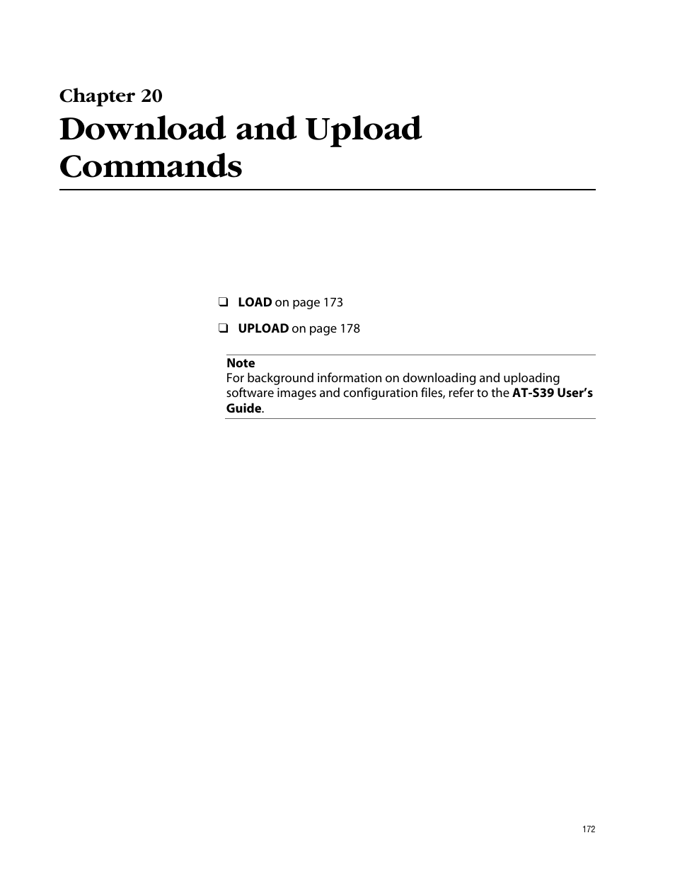 Chapter 20, Download and upload commands | Allied Telesis AT-S39 User Manual | Page 172 / 203