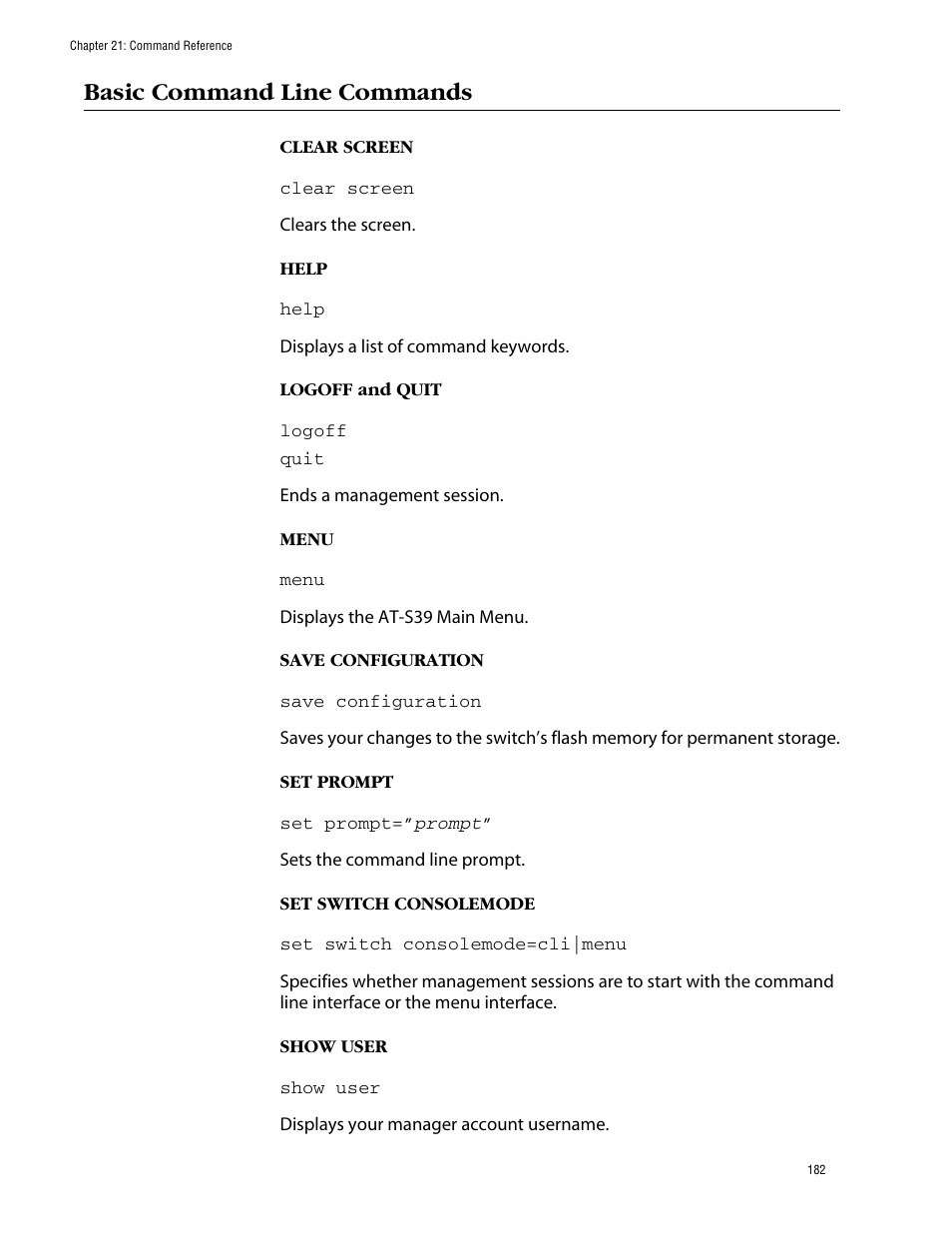 Basic command line commands | Allied Telesis AT-S39 User Manual | Page 182 / 203