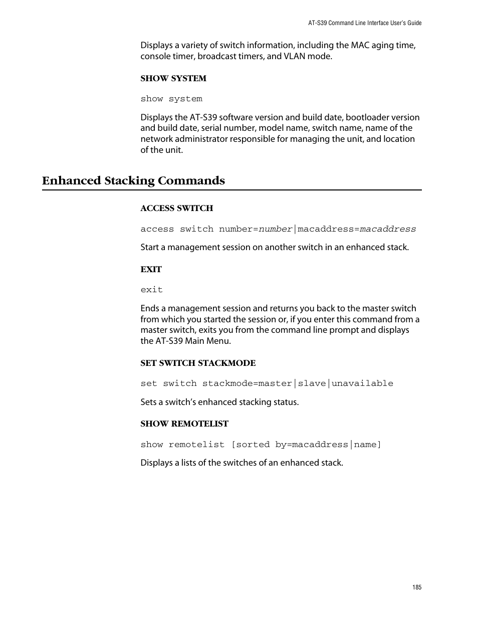 Enhanced stacking commands | Allied Telesis AT-S39 User Manual | Page 185 / 203