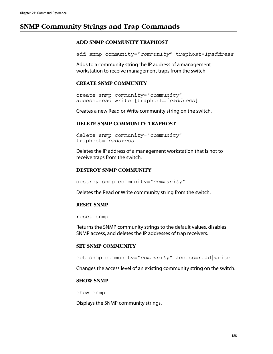 Snmp community strings and trap commands | Allied Telesis AT-S39 User Manual | Page 186 / 203