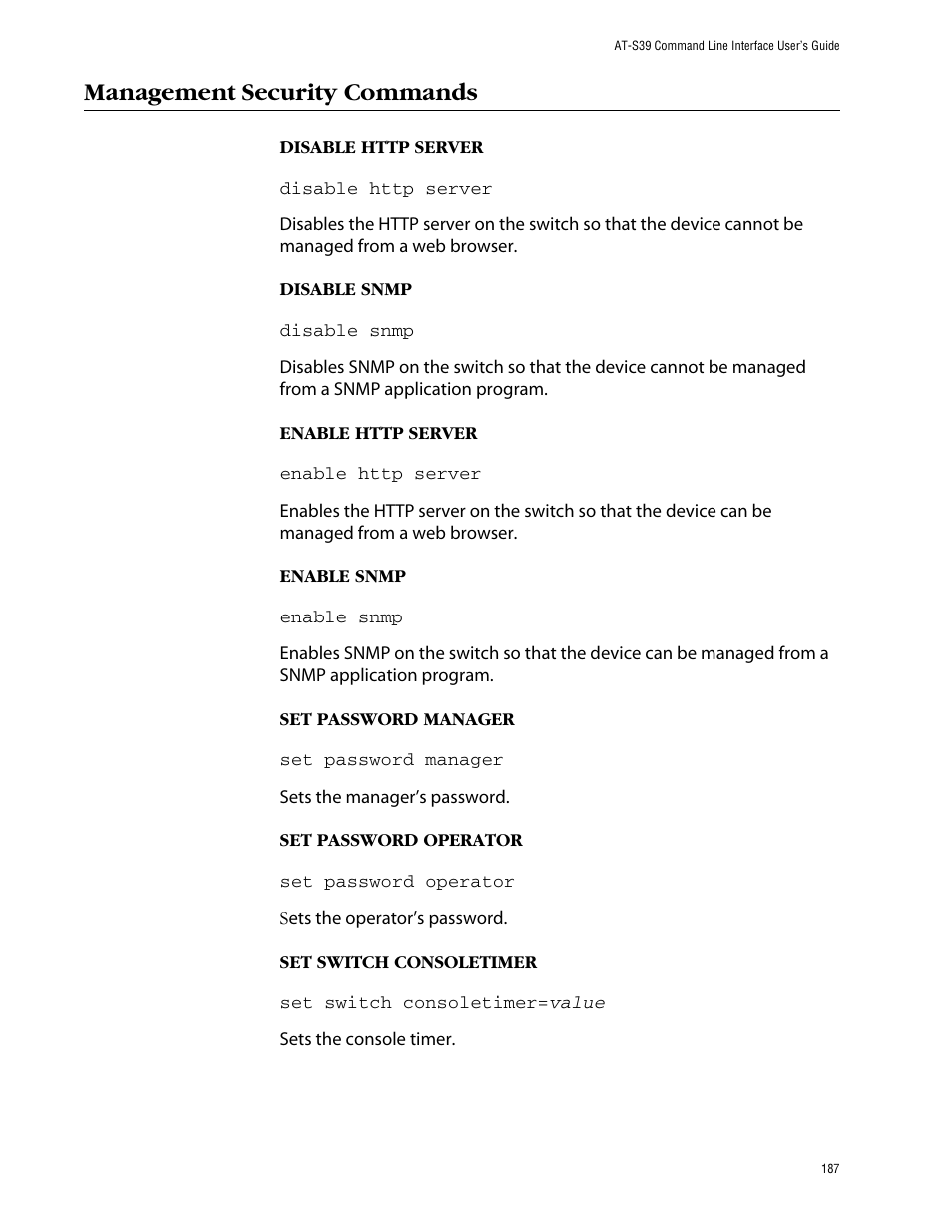 Management security commands | Allied Telesis AT-S39 User Manual | Page 187 / 203