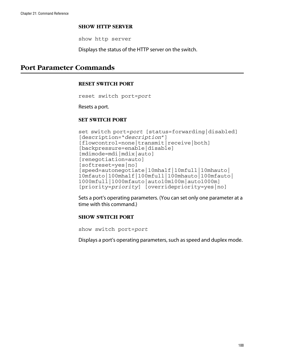 Port parameter commands | Allied Telesis AT-S39 User Manual | Page 188 / 203