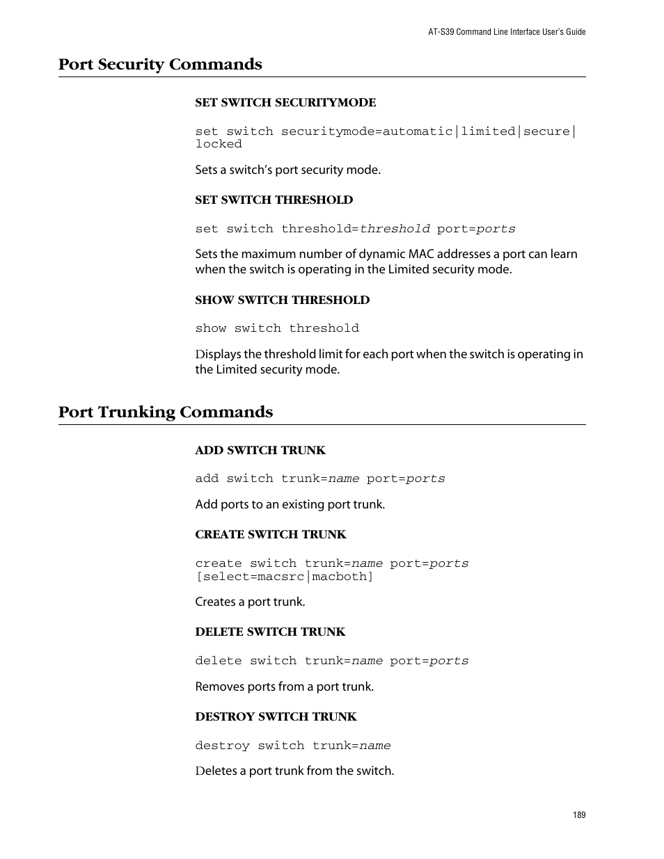 Port security commands, Port trunking commands, Port security commands port trunking commands | Allied Telesis AT-S39 User Manual | Page 189 / 203