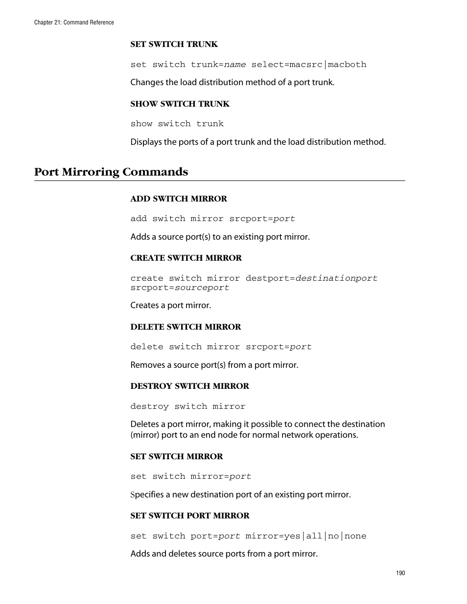 Port mirroring commands | Allied Telesis AT-S39 User Manual | Page 190 / 203