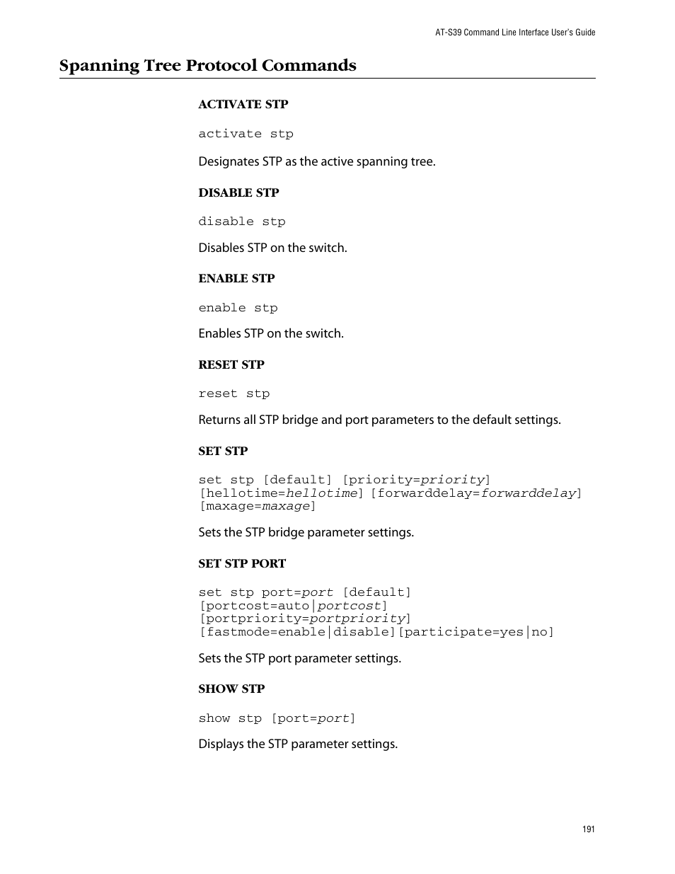 Spanning tree protocol commands | Allied Telesis AT-S39 User Manual | Page 191 / 203