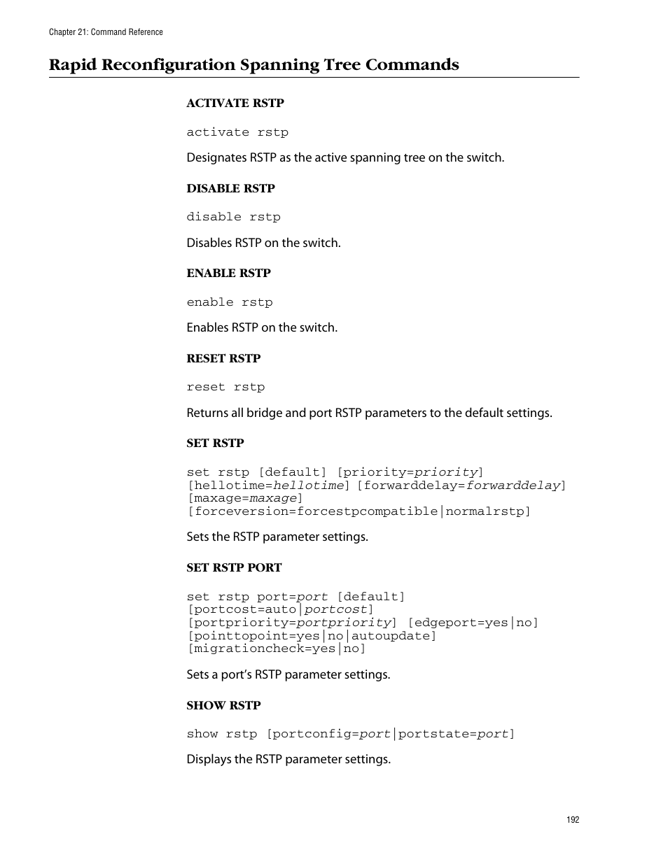 Rapid reconfiguration spanning tree commands | Allied Telesis AT-S39 User Manual | Page 192 / 203
