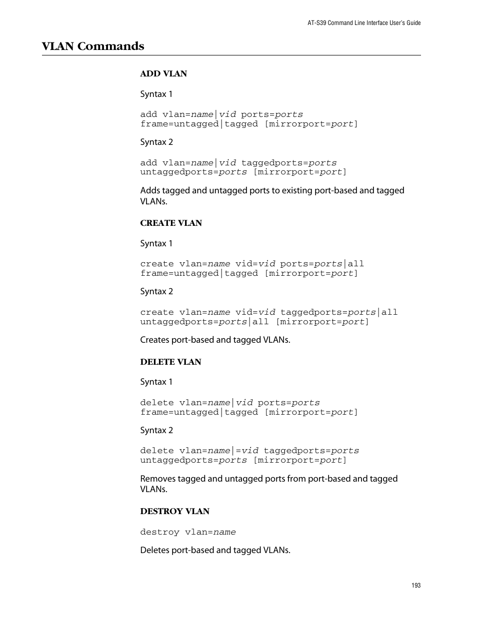 Vlan commands | Allied Telesis AT-S39 User Manual | Page 193 / 203