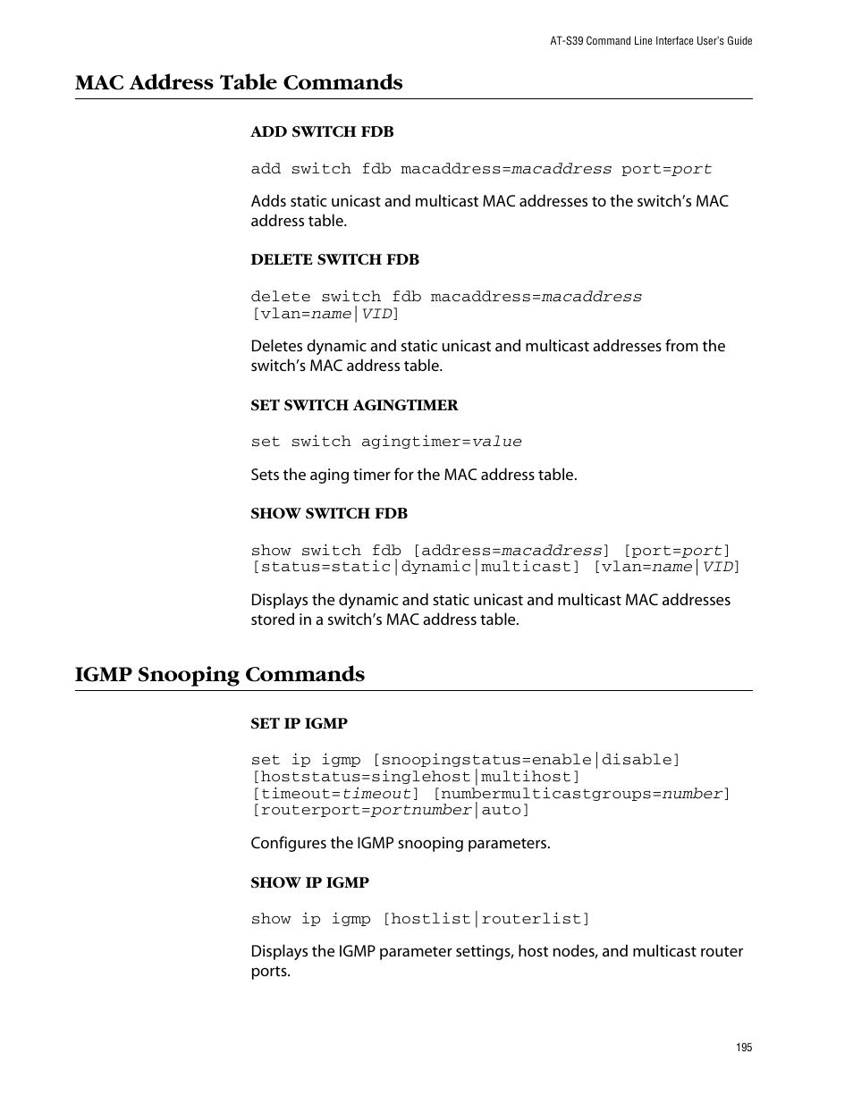 Mac address table commands, Igmp snooping commands, Mac address table commands igmp snooping commands | Allied Telesis AT-S39 User Manual | Page 195 / 203