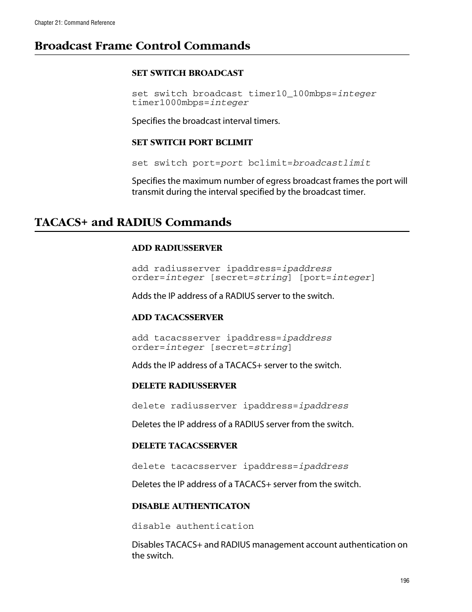 Broadcast frame control commands, Tacacs+ and radius commands | Allied Telesis AT-S39 User Manual | Page 196 / 203