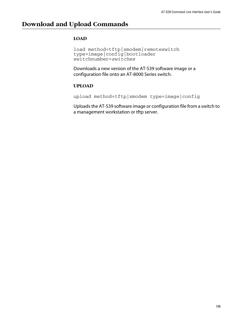 Download and upload commands | Allied Telesis AT-S39 User Manual | Page 199 / 203
