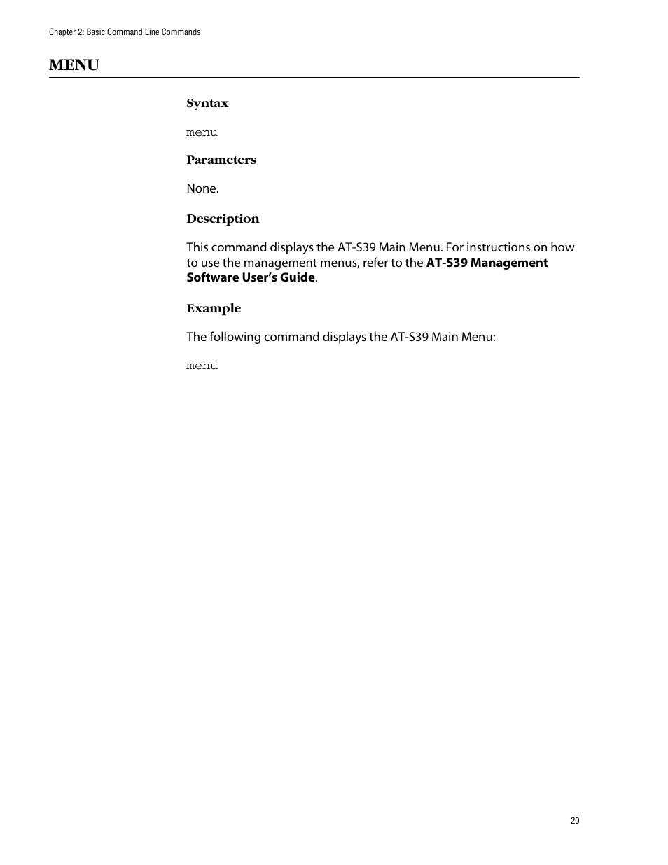 Menu | Allied Telesis AT-S39 User Manual | Page 20 / 203