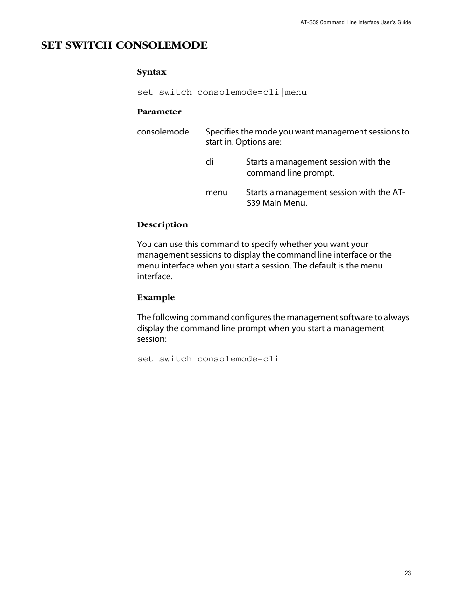 Set switch consolemode | Allied Telesis AT-S39 User Manual | Page 23 / 203