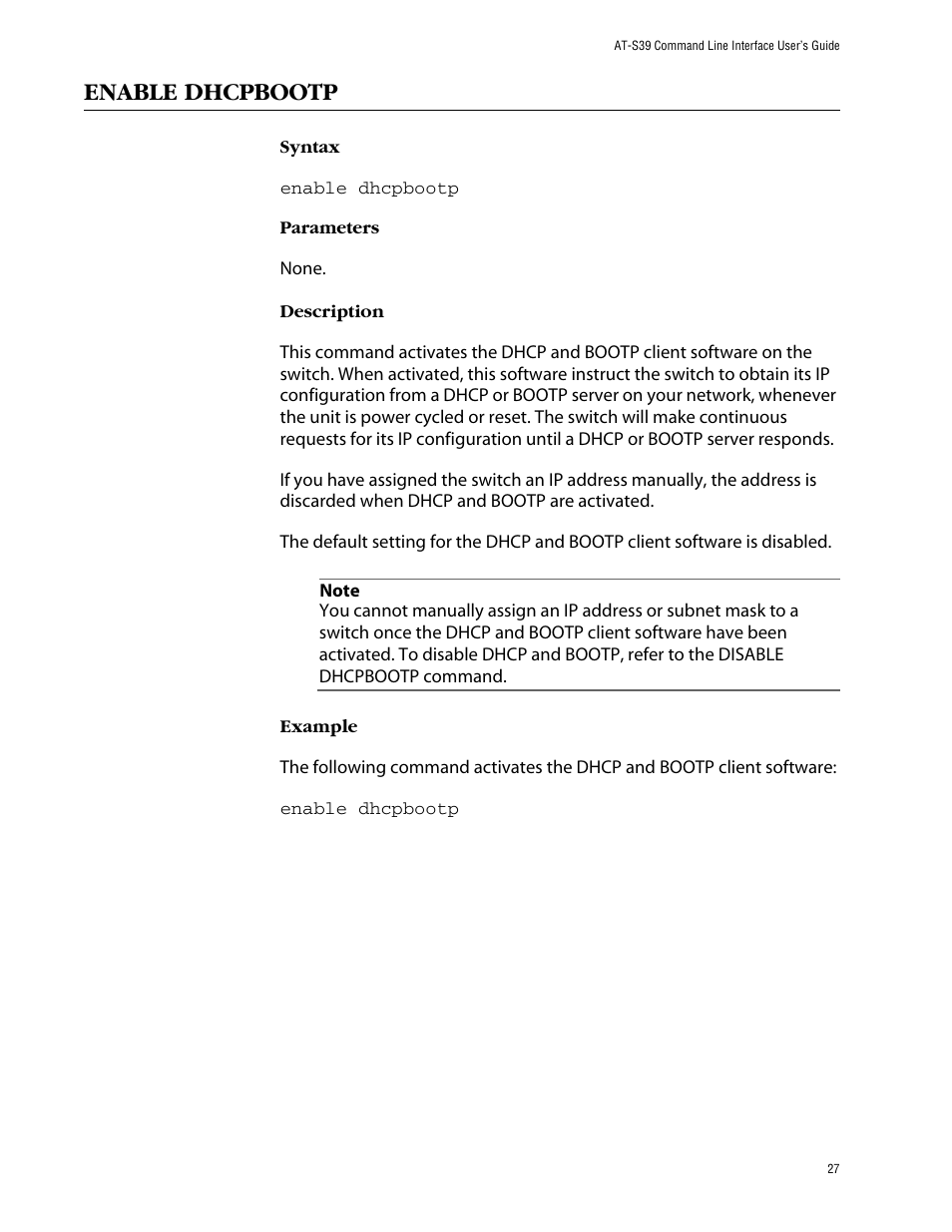 Enable dhcpbootp | Allied Telesis AT-S39 User Manual | Page 27 / 203