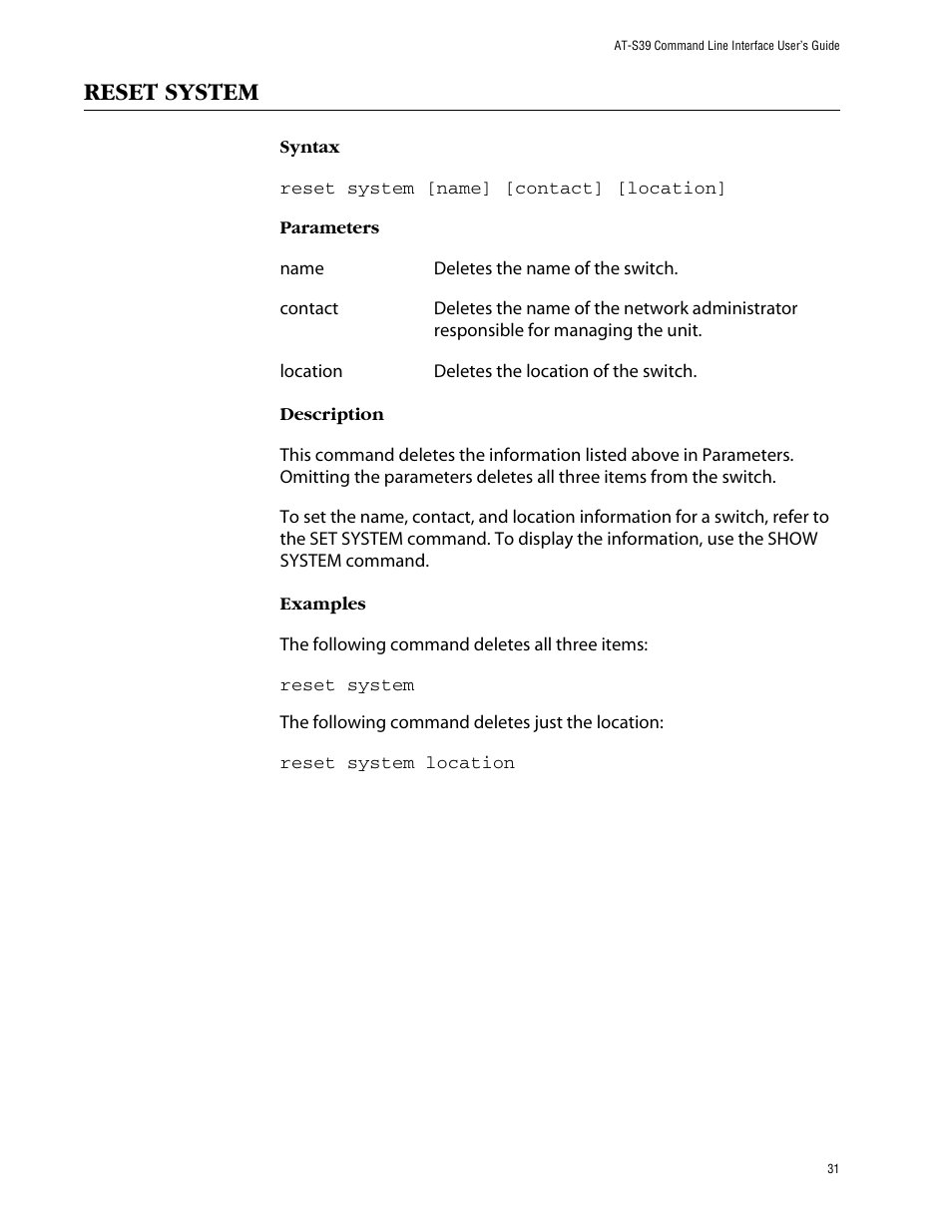 Reset system | Allied Telesis AT-S39 User Manual | Page 31 / 203