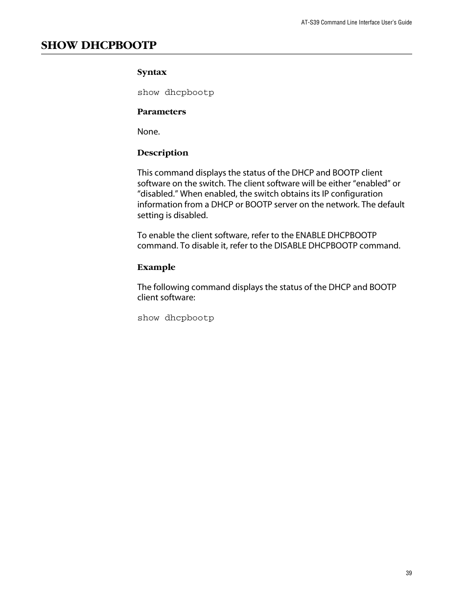 Show dhcpbootp | Allied Telesis AT-S39 User Manual | Page 39 / 203
