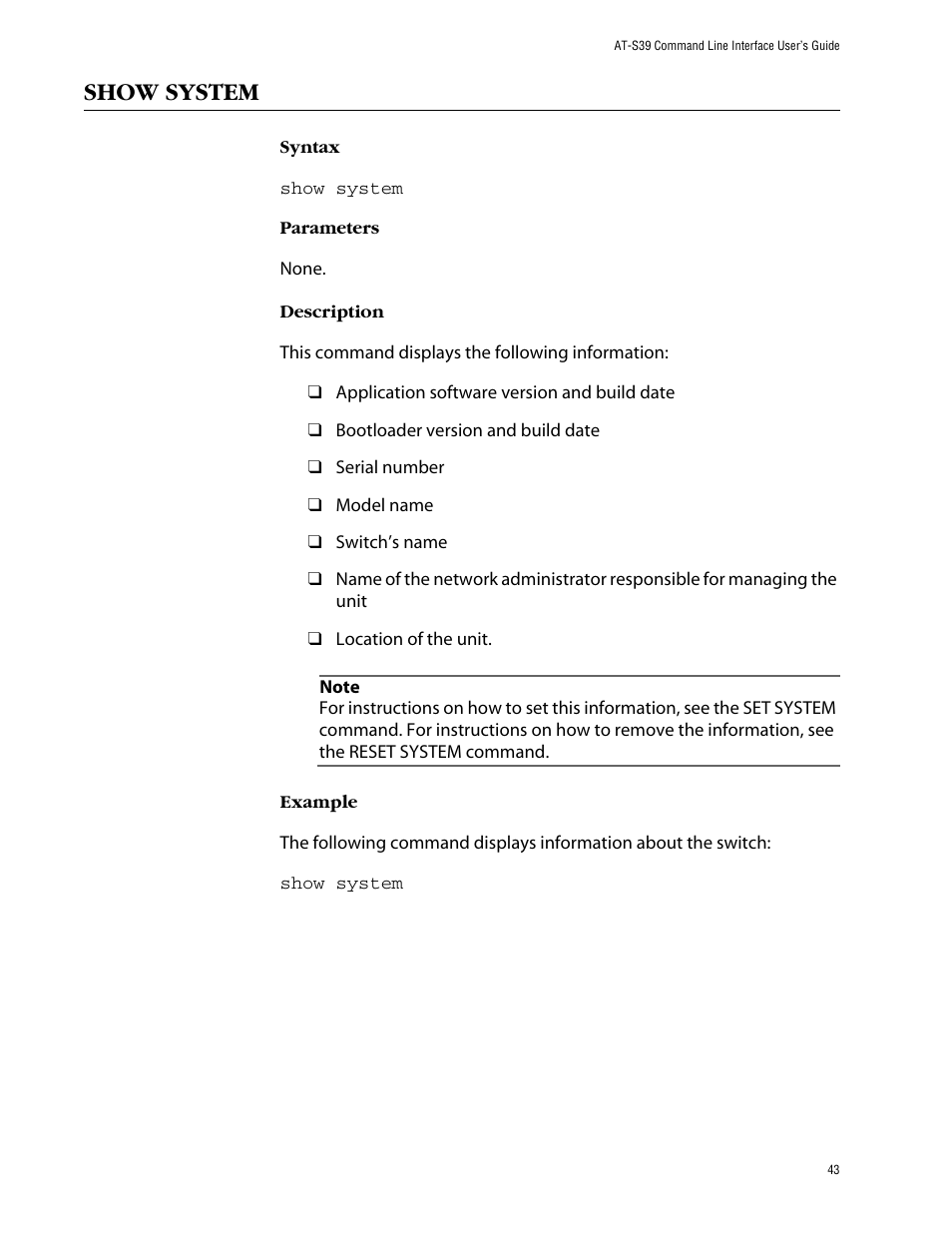 Show system | Allied Telesis AT-S39 User Manual | Page 43 / 203