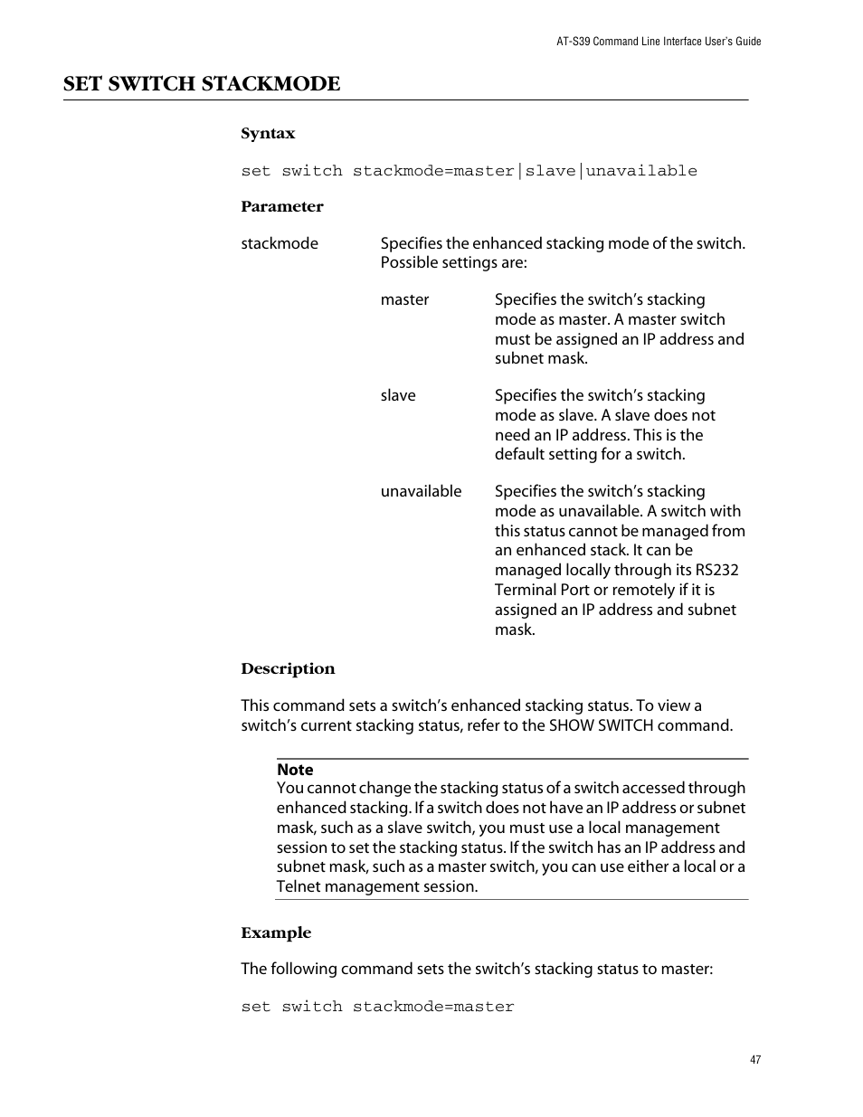 Set switch stackmode | Allied Telesis AT-S39 User Manual | Page 47 / 203