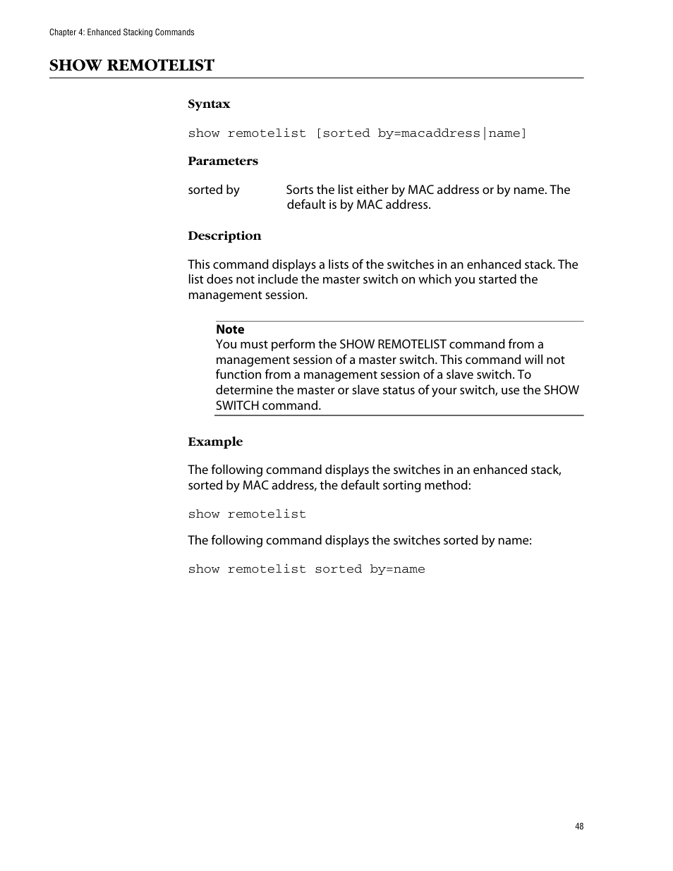 Show remotelist | Allied Telesis AT-S39 User Manual | Page 48 / 203