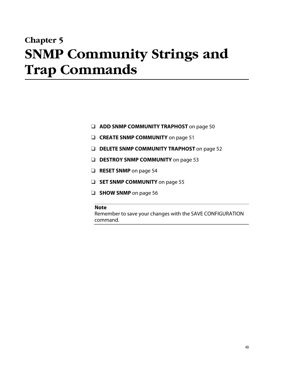 Chapter 5, Snmp community strings and trap commands | Allied Telesis AT-S39 User Manual | Page 49 / 203