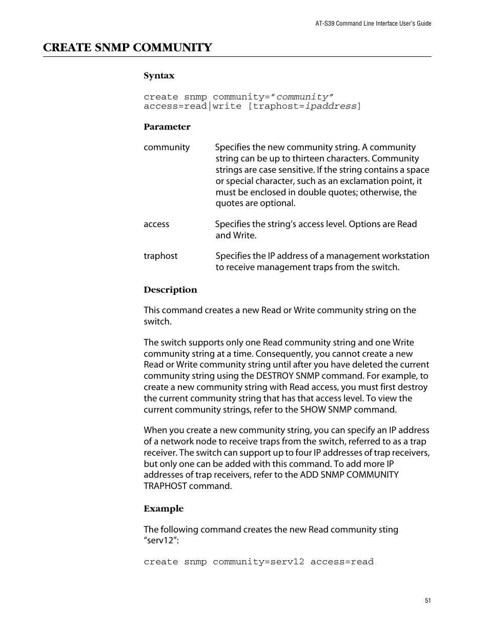 Create snmp community | Allied Telesis AT-S39 User Manual | Page 51 / 203