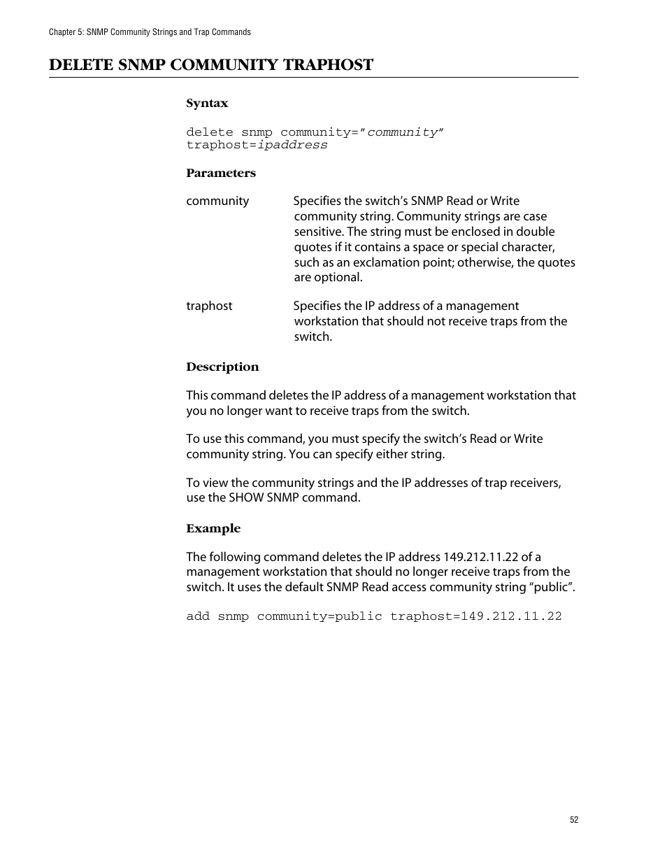 Delete snmp community traphost | Allied Telesis AT-S39 User Manual | Page 52 / 203