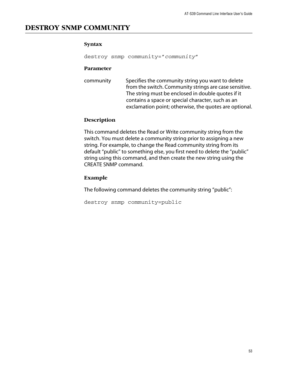 Destroy snmp community | Allied Telesis AT-S39 User Manual | Page 53 / 203