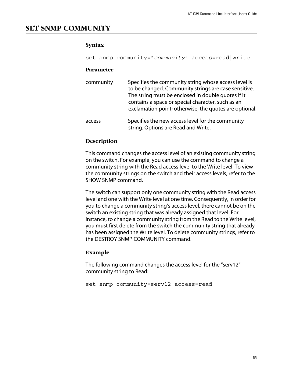 Set snmp community | Allied Telesis AT-S39 User Manual | Page 55 / 203