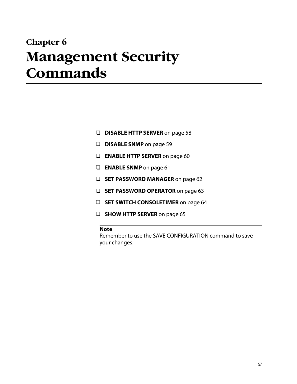 Chapter 6, Management security commands | Allied Telesis AT-S39 User Manual | Page 57 / 203