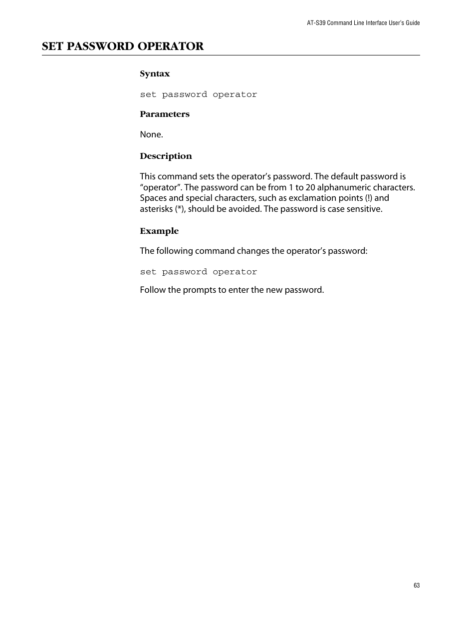 Set password operator | Allied Telesis AT-S39 User Manual | Page 63 / 203