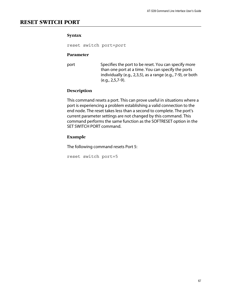 Reset switch port | Allied Telesis AT-S39 User Manual | Page 67 / 203