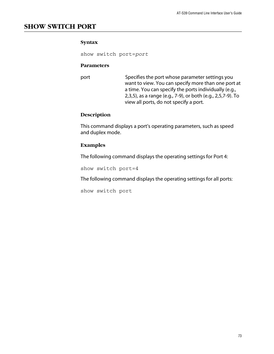 Show switch port | Allied Telesis AT-S39 User Manual | Page 73 / 203