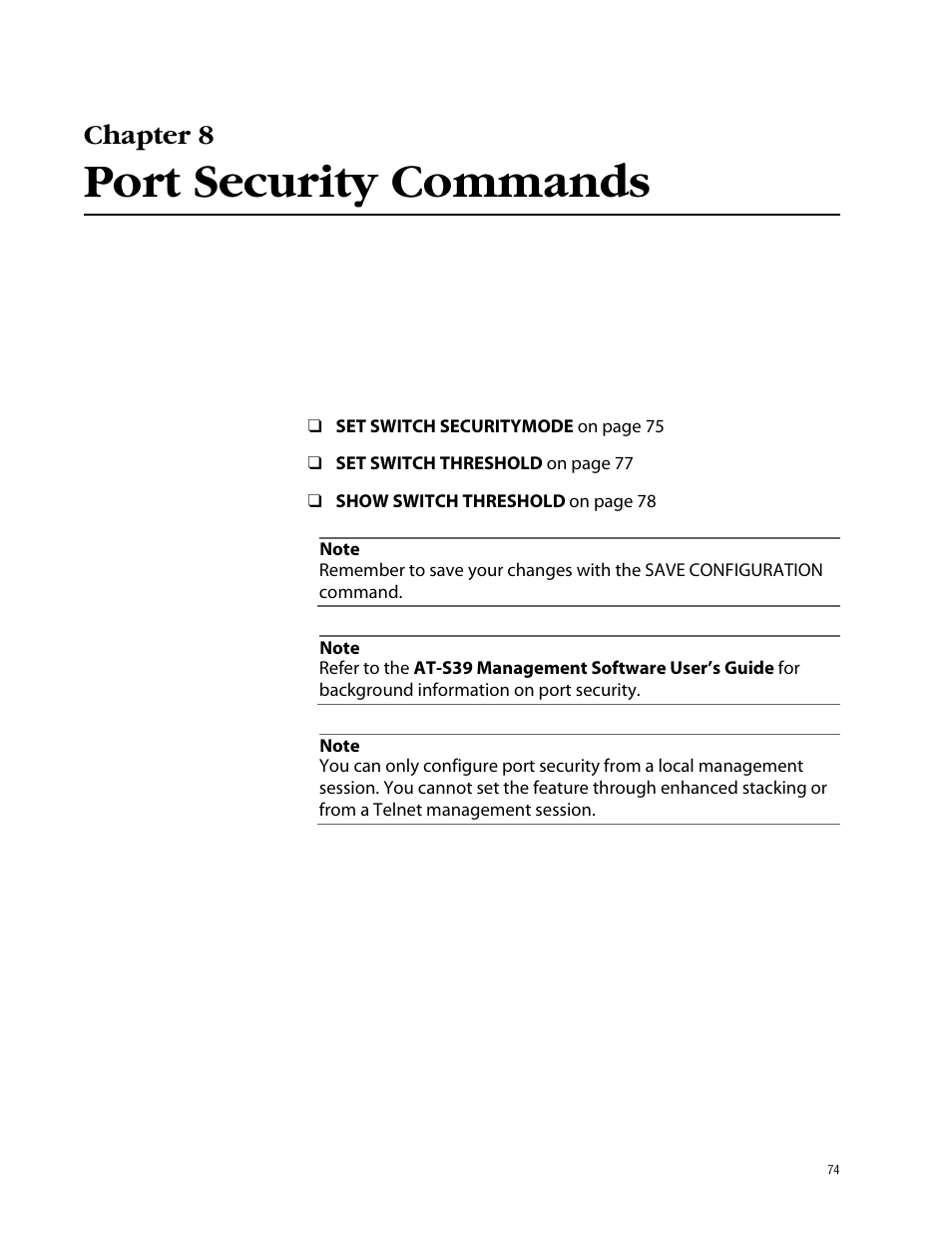 Chapter 8, Port security commands | Allied Telesis AT-S39 User Manual | Page 74 / 203