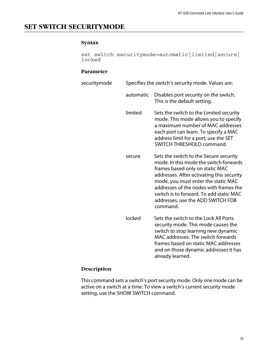 Set switch securitymode | Allied Telesis AT-S39 User Manual | Page 75 / 203