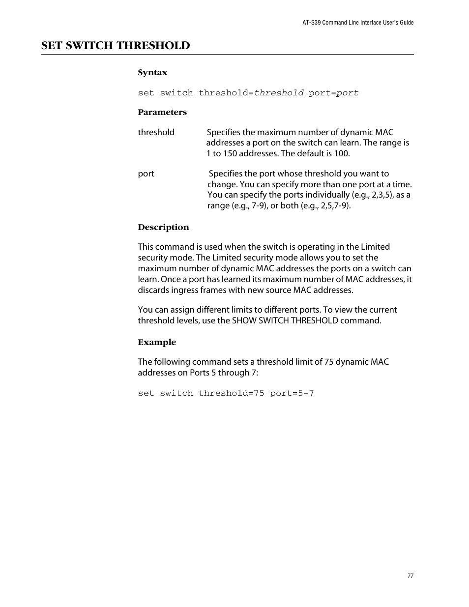 Set switch threshold | Allied Telesis AT-S39 User Manual | Page 77 / 203