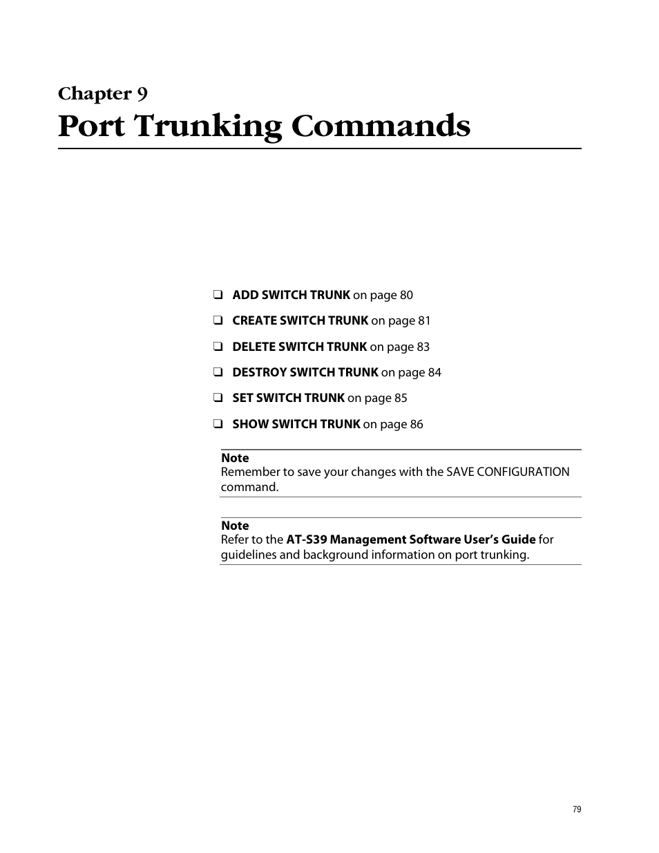 Chapter 9, Port trunking commands | Allied Telesis AT-S39 User Manual | Page 79 / 203