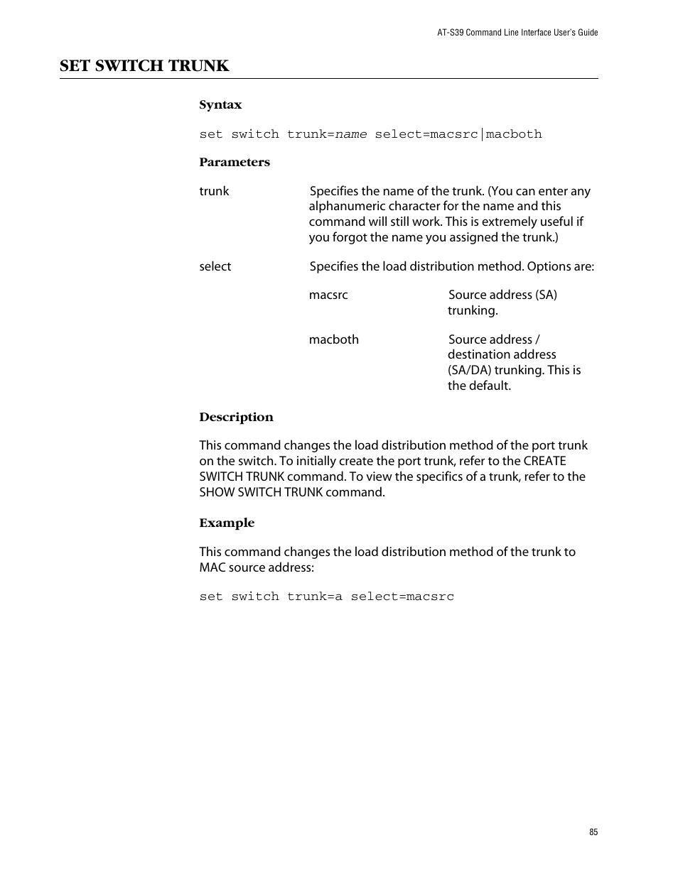 Set switch trunk | Allied Telesis AT-S39 User Manual | Page 85 / 203
