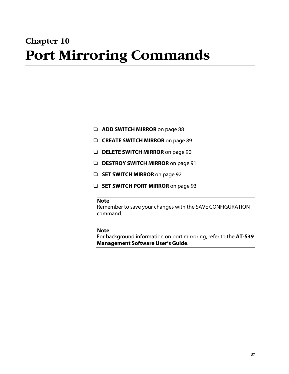 Chapter 10, Port mirroring commands | Allied Telesis AT-S39 User Manual | Page 87 / 203