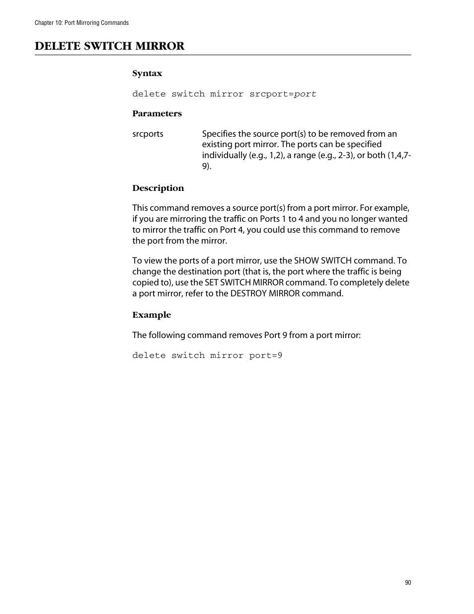 Delete switch mirror | Allied Telesis AT-S39 User Manual | Page 90 / 203