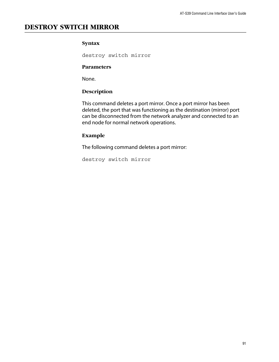 Destroy switch mirror | Allied Telesis AT-S39 User Manual | Page 91 / 203