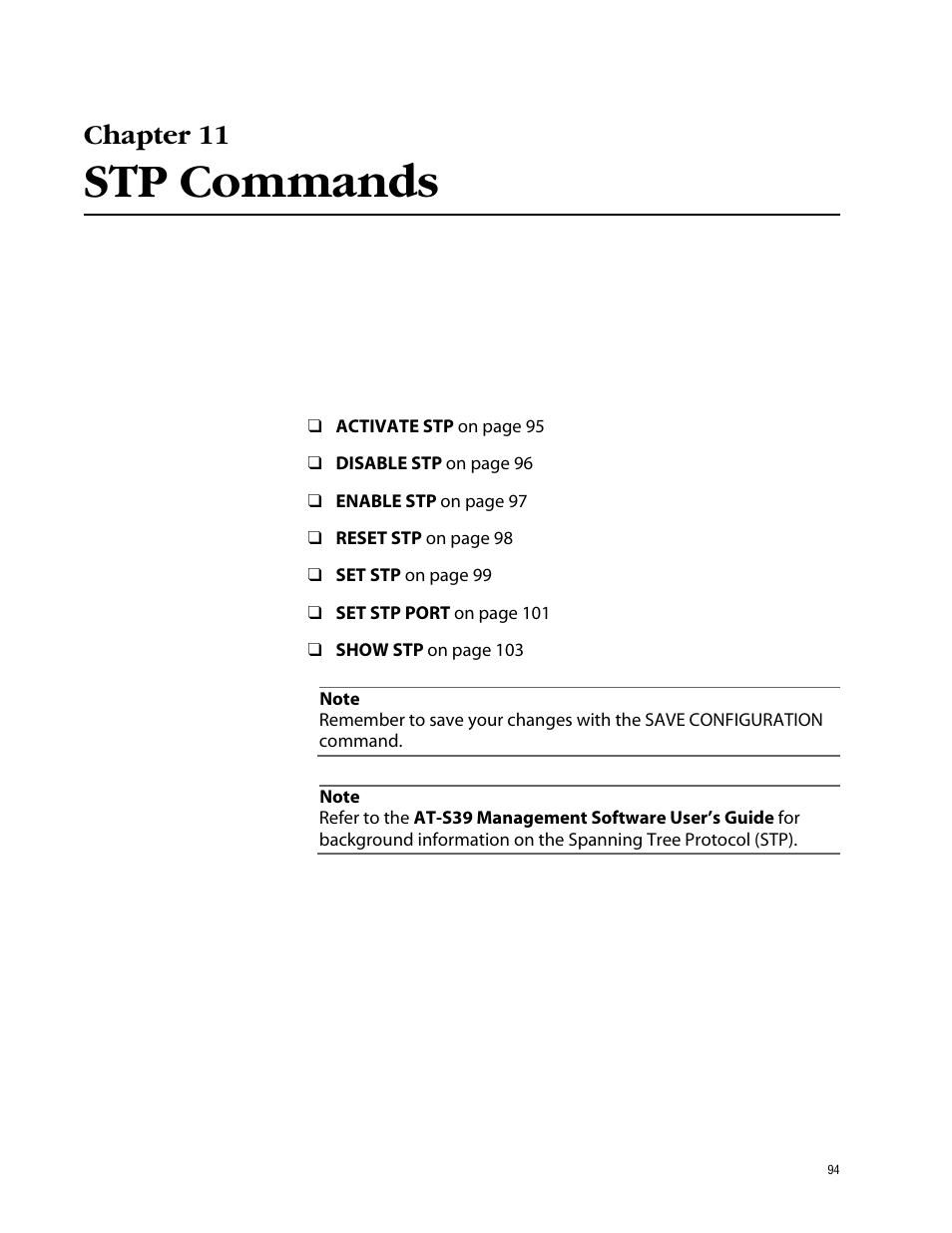Chapter 11, Stp commands | Allied Telesis AT-S39 User Manual | Page 94 / 203