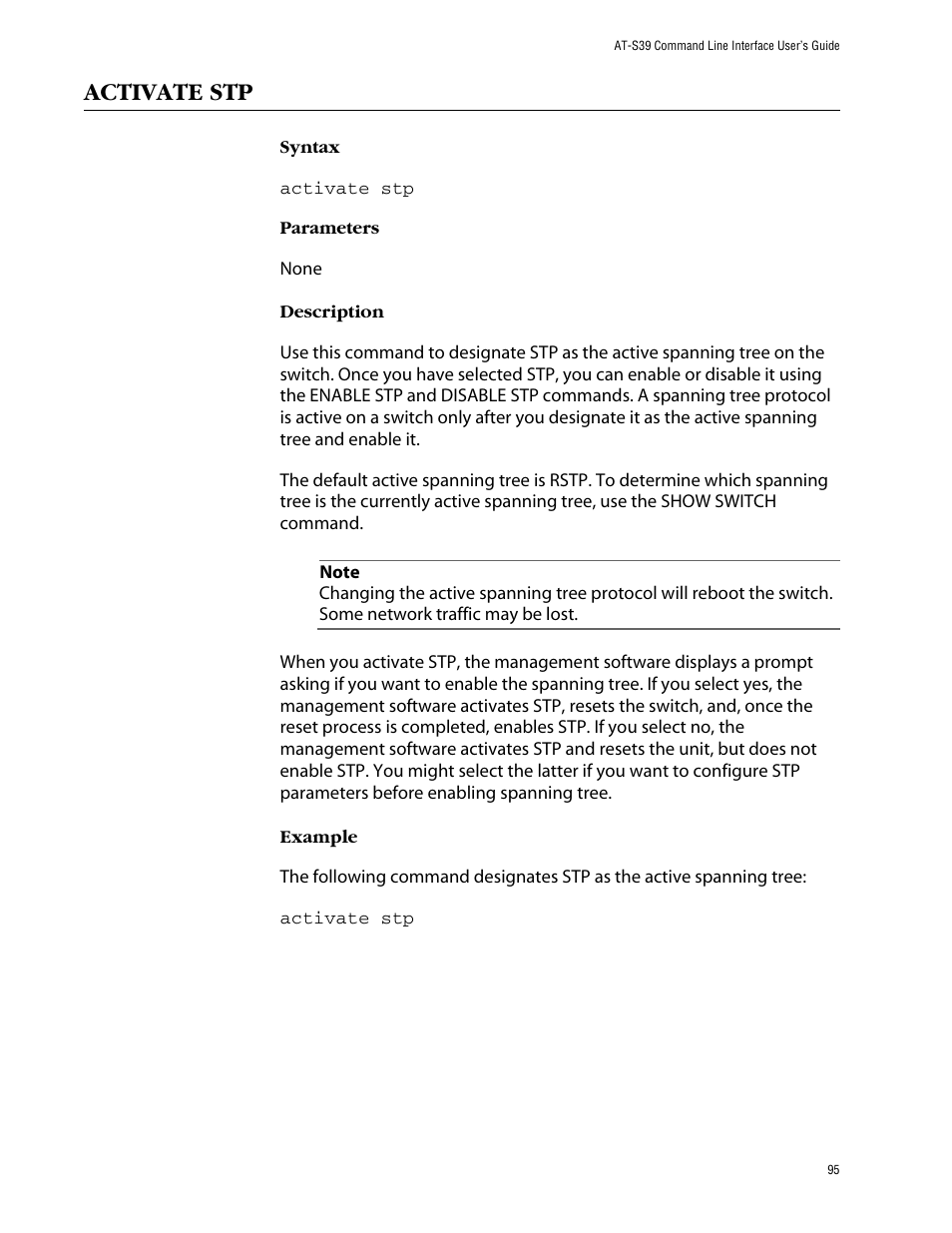 Activate stp | Allied Telesis AT-S39 User Manual | Page 95 / 203