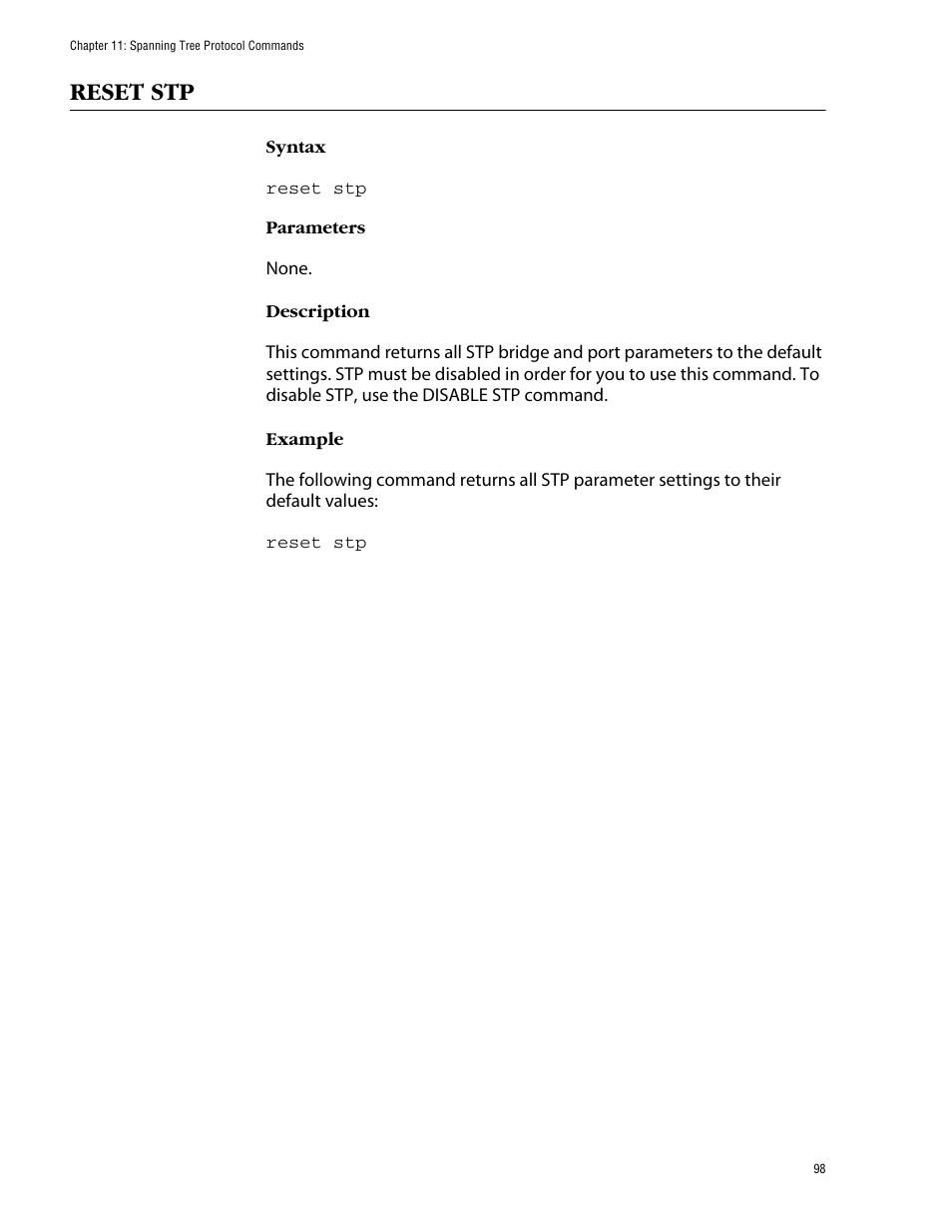 Reset stp | Allied Telesis AT-S39 User Manual | Page 98 / 203