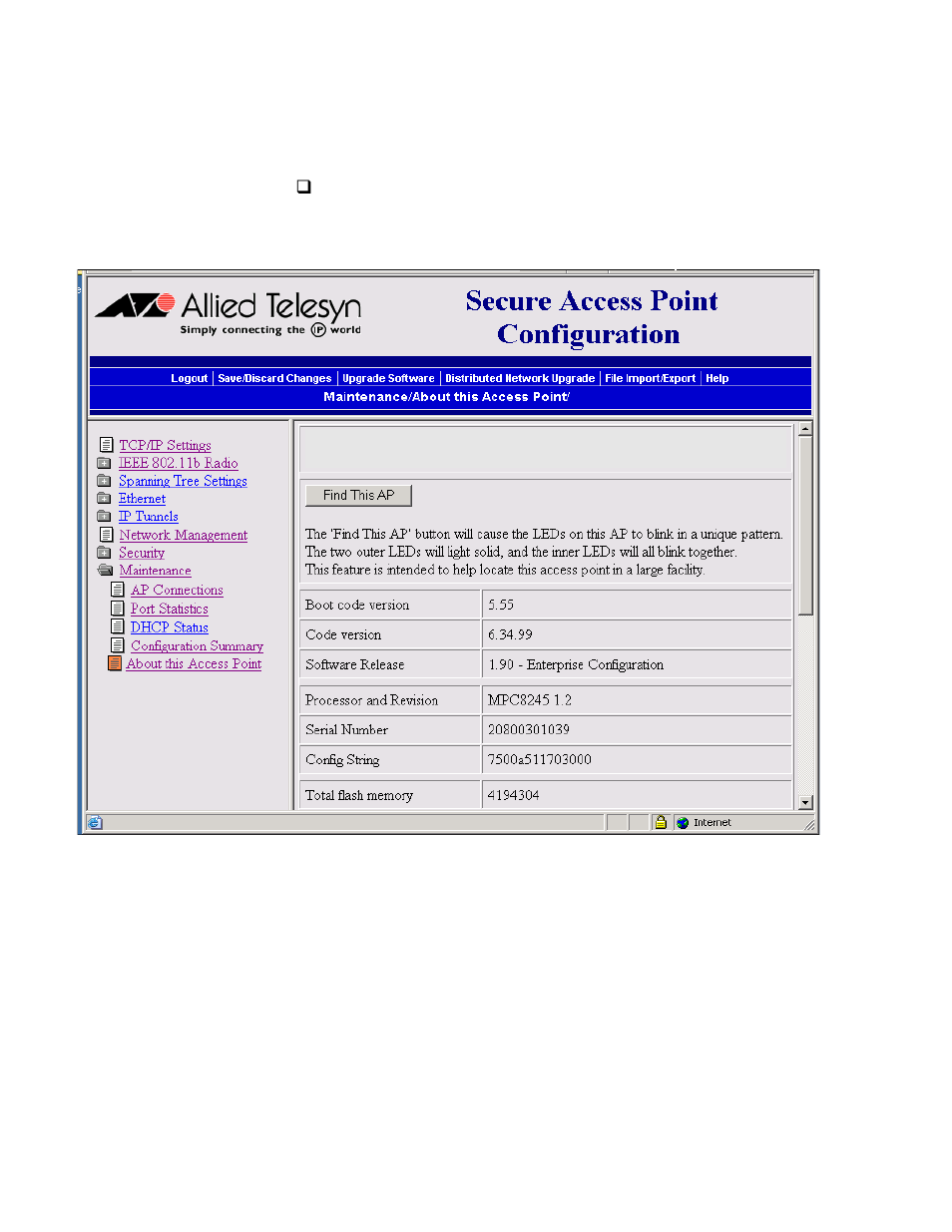 Viewing the about this access point screen | Allied Telesis AT-WA7500 User Manual | Page 198 / 270