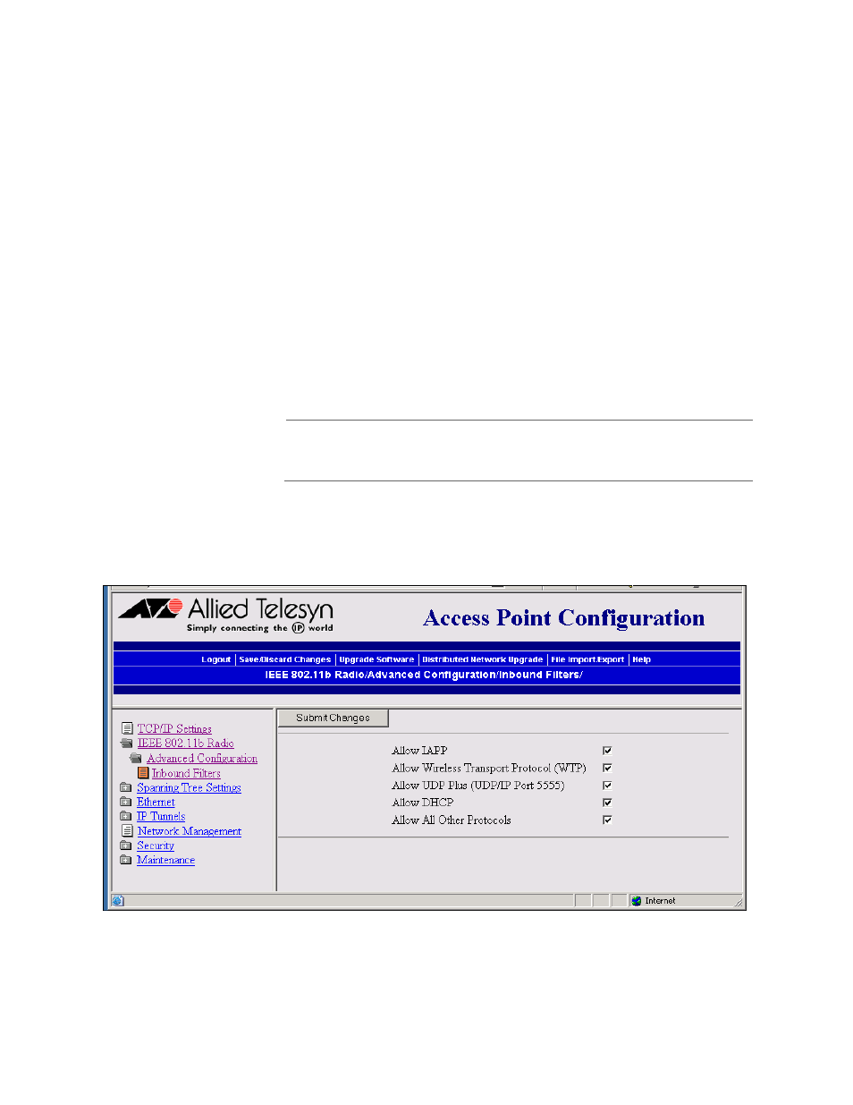 Configuring 802.11b radio inbound filters | Allied Telesis AT-WA7500 User Manual | Page 95 / 270