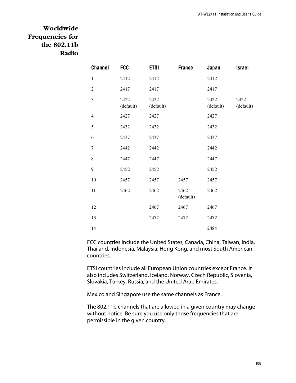 Worldwide frequencies for the 802.11b radio | Allied Telesis AT-WL2411 User Manual | Page 108 / 208