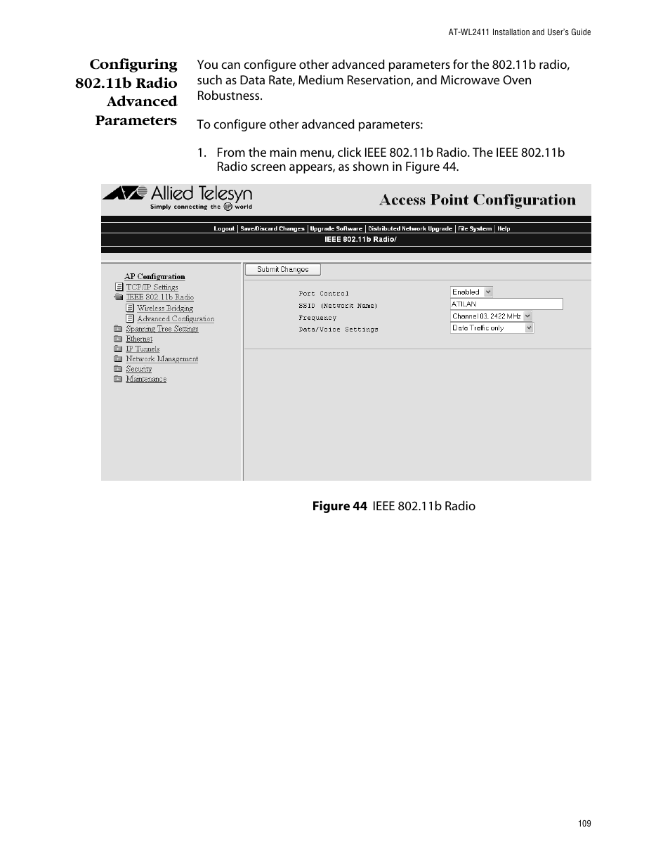 Configuring 802.11b radio advanced parameters | Allied Telesis AT-WL2411 User Manual | Page 109 / 208