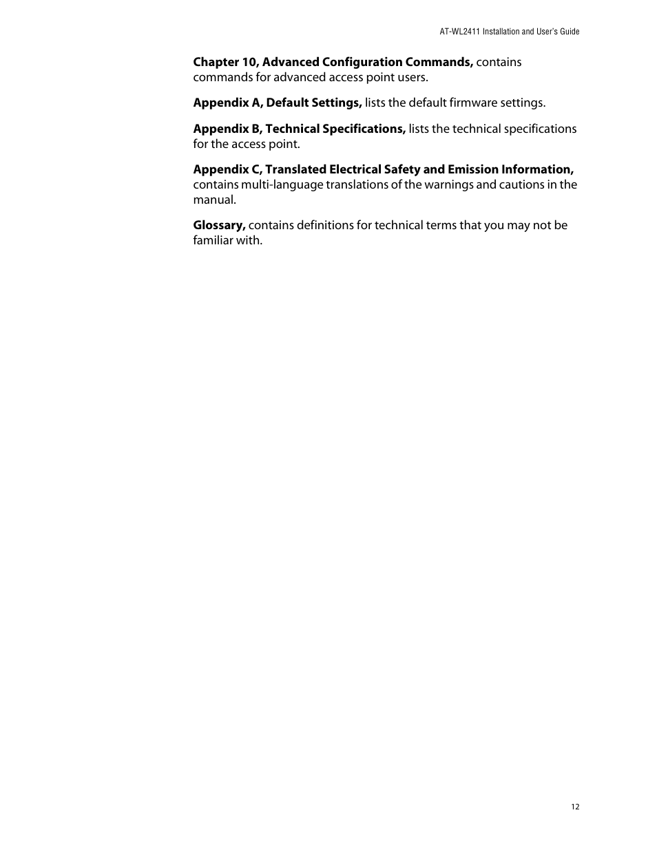Allied Telesis AT-WL2411 User Manual | Page 12 / 208