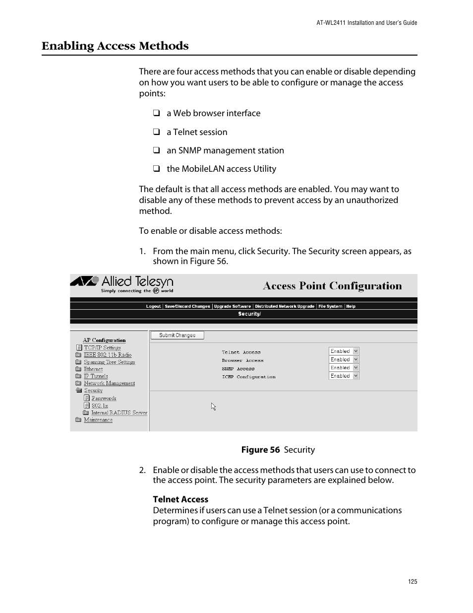 Enabling access methods | Allied Telesis AT-WL2411 User Manual | Page 125 / 208
